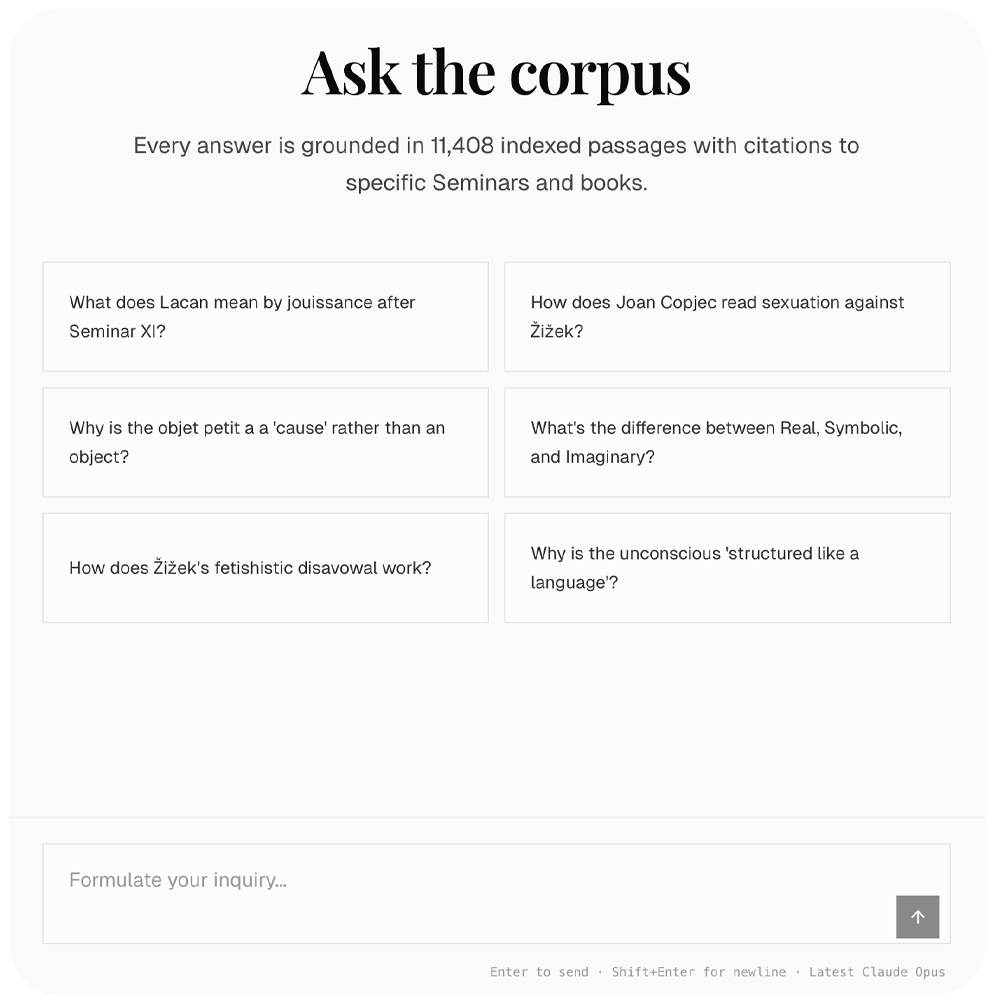 Learn Lacan chat showing a citation-grounded answer on the formulas of sexuation